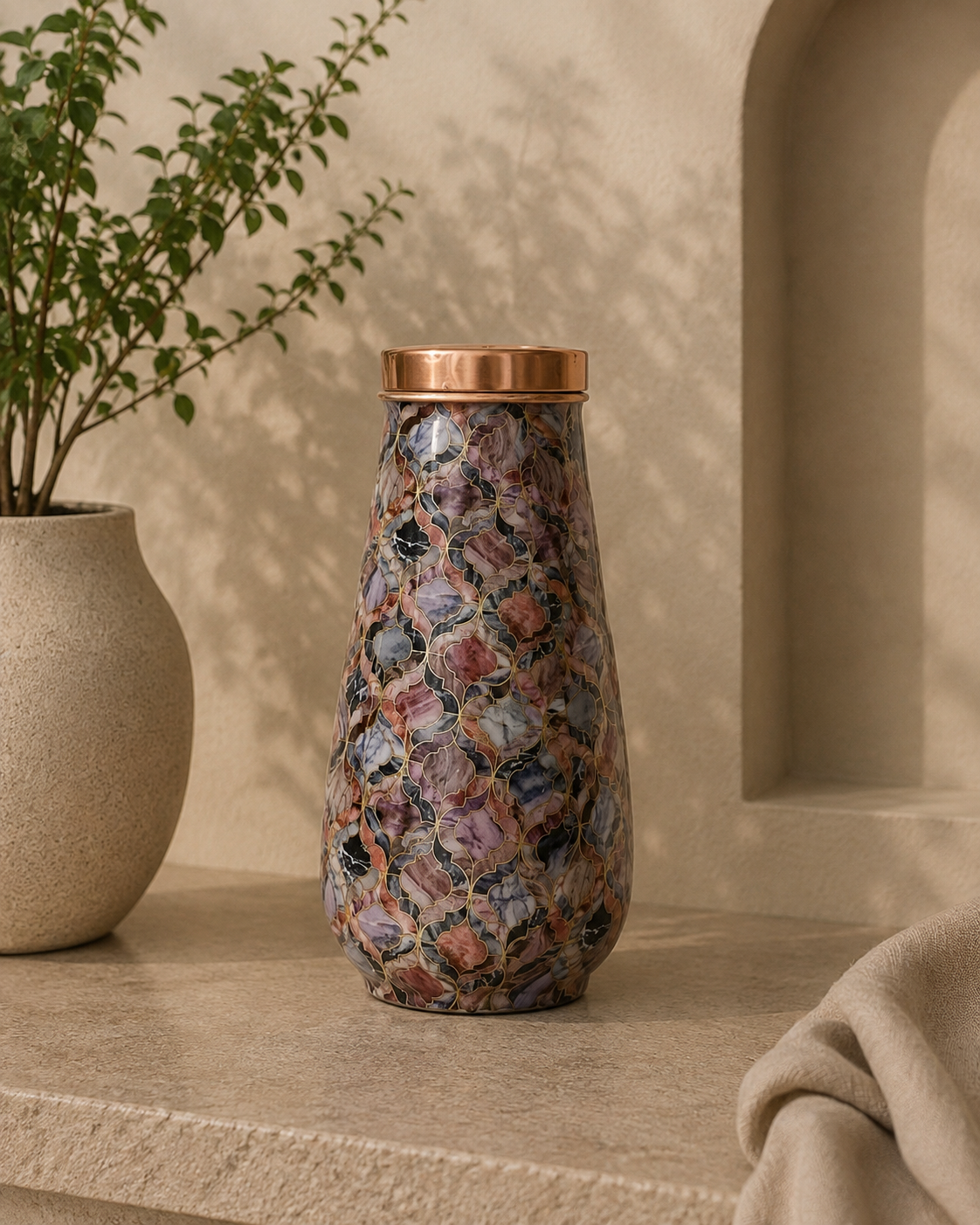 Pure Copper Meena Work Bed Side Bottle With Inbuilt Glass (1.25L) | Soul Love & Earth