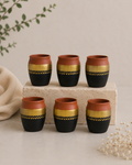 Re - Useable Printed Clay Kullhad Tea Cups Set Of 6 (Black & Gold Art Design, Multipurpose) | Soul Love & Earth