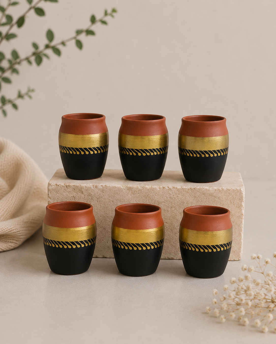 Re - Useable Printed Clay Kullhad Tea Cups Set Of 6 (Black & Gold Art Design, Multipurpose) | Soul Love & Earth