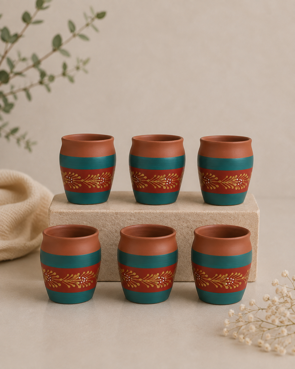 Re - Useable Printed Clay Kullhad Tea Cups Set Of 6 (Red, Blue & Gold Art Design, Multipurpose) | Soul Love & Earth