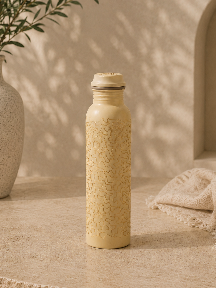 Premium Rich Cream And Gold Pure Copper Water Bottle Golden Design Finish | Soul