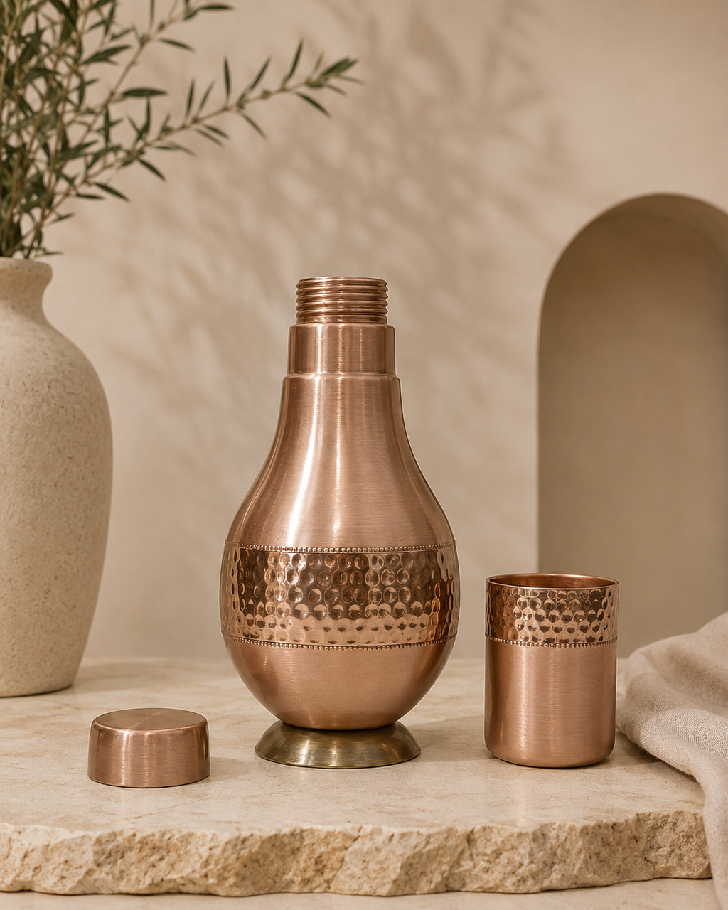 Pure Copper Bed Side Bottle Middle Hammerd Design With Inbuilt Glass | Soul Love & Earth