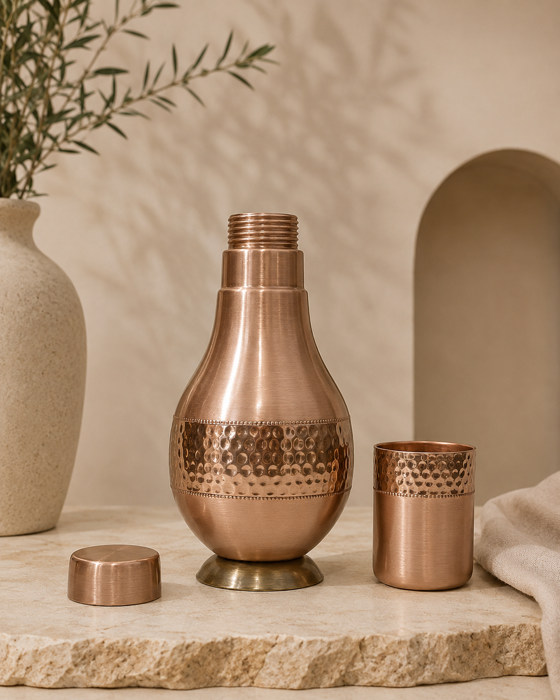 Pure Copper Bed Side Bottle Middle Hammerd Design With Inbuilt Glass | Soul Love & Earth
