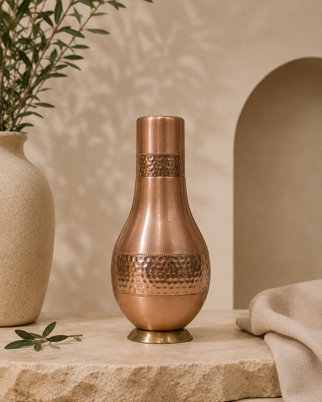 Pure Copper Bed Side Bottle Middle Hammerd Design With Inbuilt Glass | Soul Love & Earth