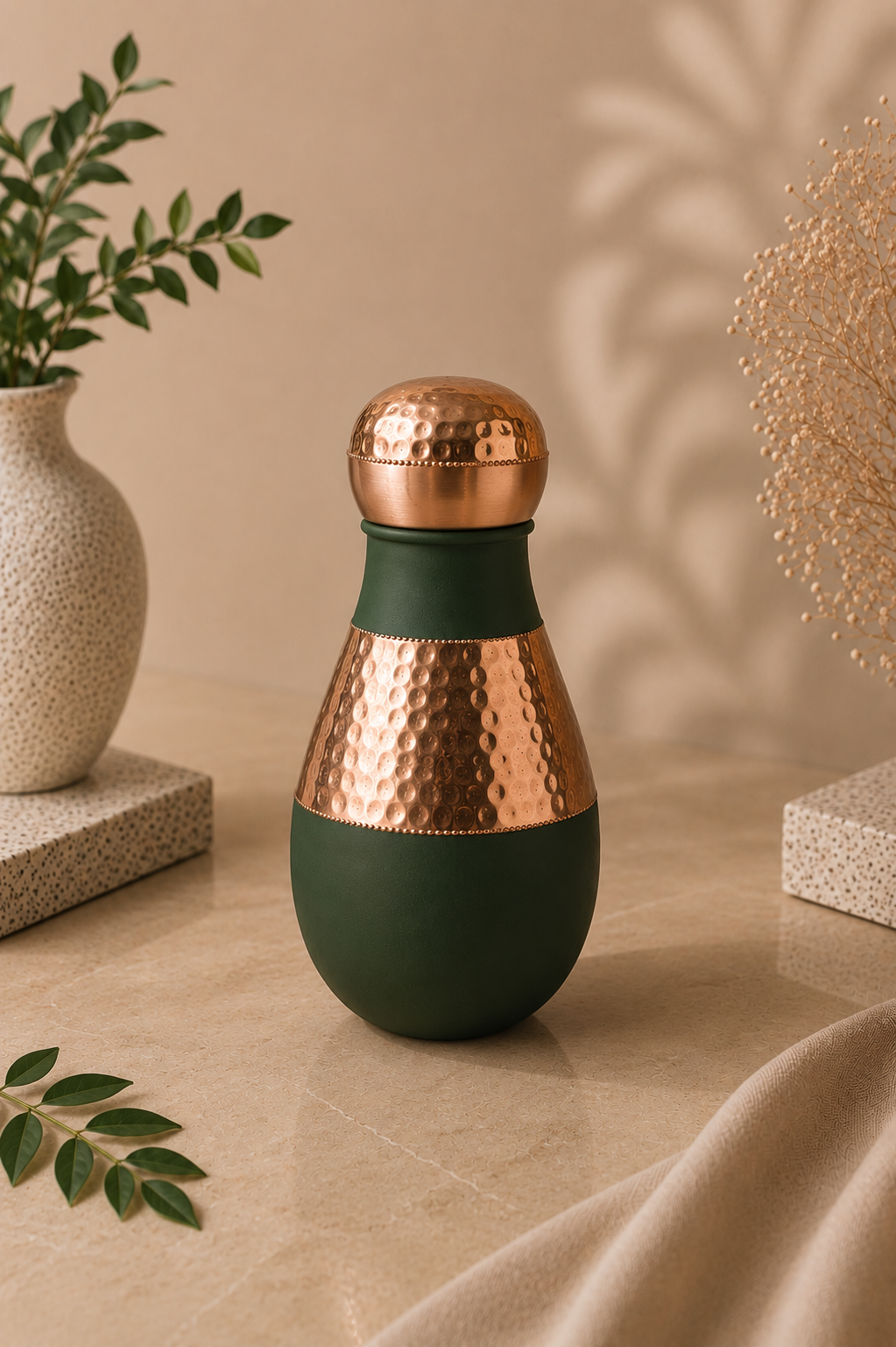 Antique Pure Copper Bed Side Bottle Middle Hammer With Inbuilt Glass (Green) | Soul Love & Earth