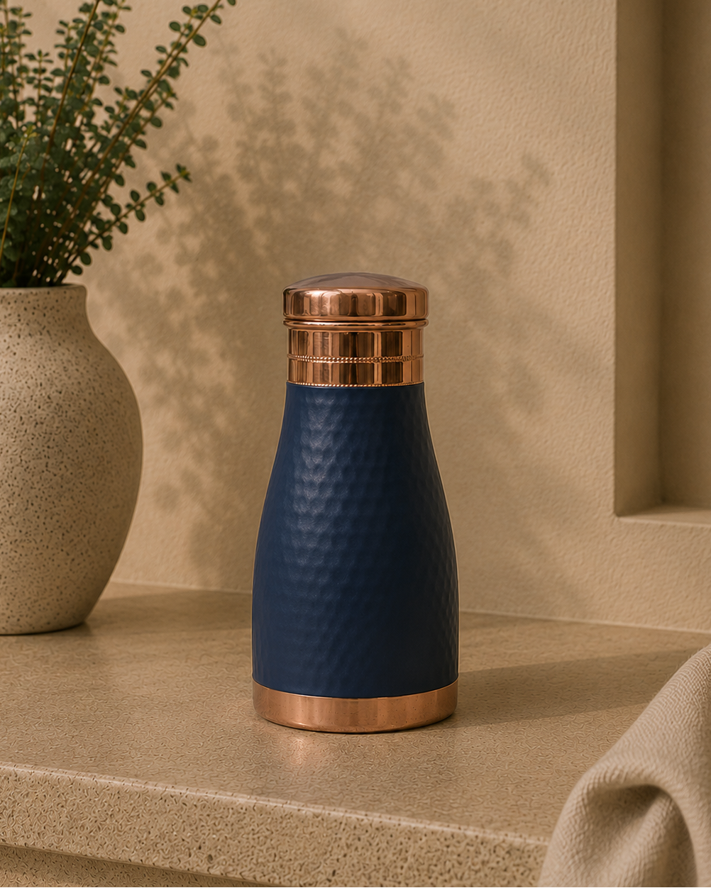 Antique Pure Copper Bed Side Bottle With Inbuilt Glass (Colour - Blue , Material - Silk) | Soul Love & Earth