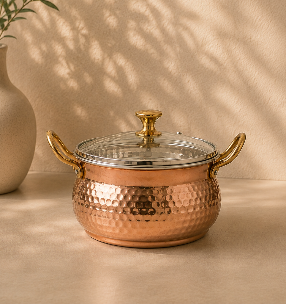 Copper Serving Bowl With Handle And Glass Lid | Soul Love & Earth