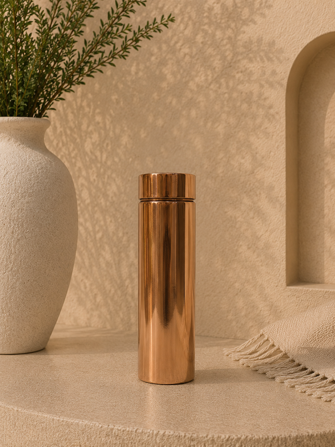 Pure Copper Cylinder Shape Cap, Rich Look And Heavy Copper Weight Bottle (500 ml)