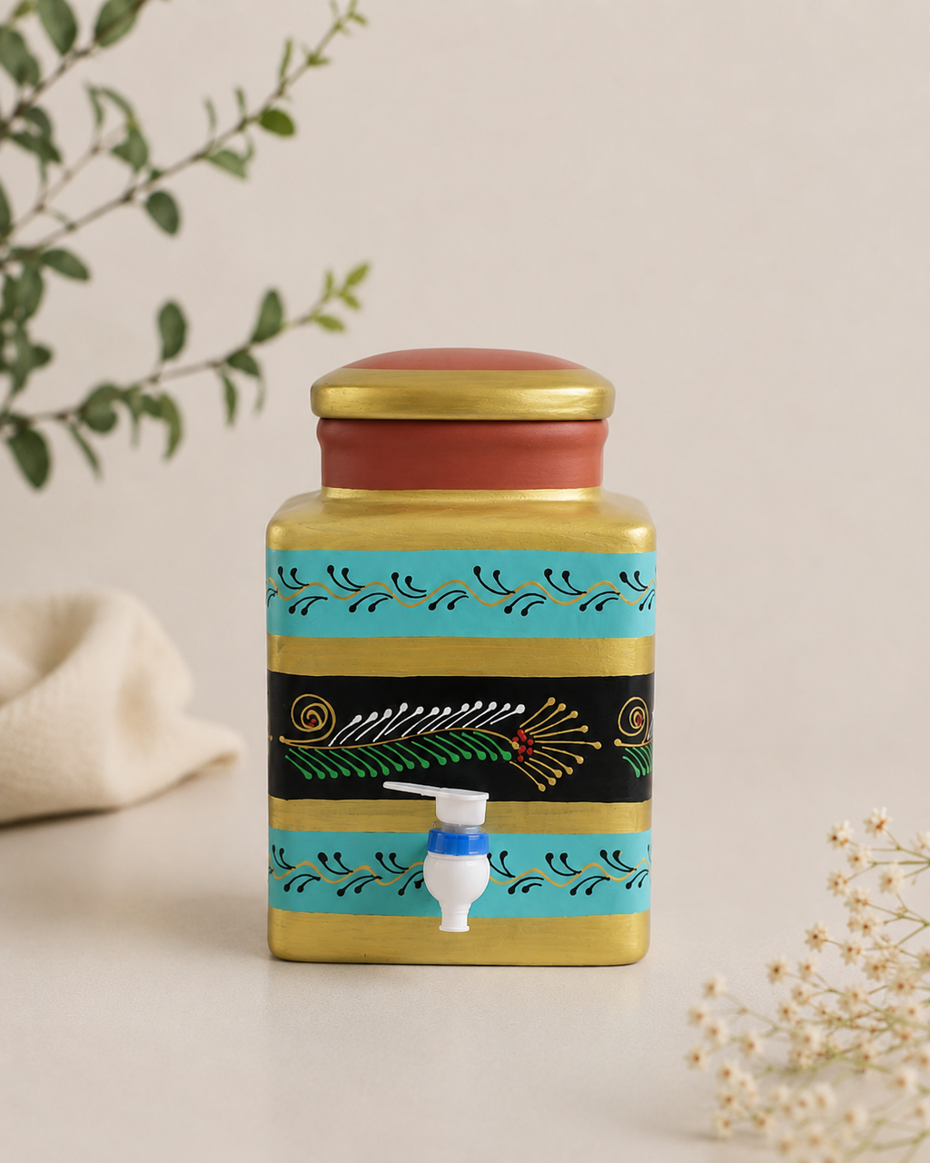 Handmade Printed Square Terracotta Clay Water Pot With Lid & Tap | Soul Love & E