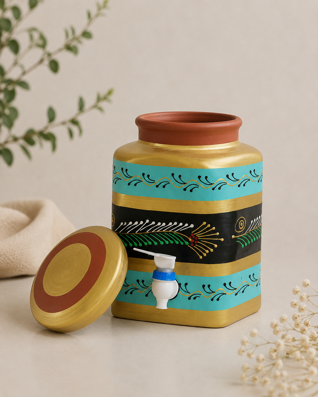 Handmade Printed Square Terracotta Clay Water Pot With Lid & Tap | Soul Love & E