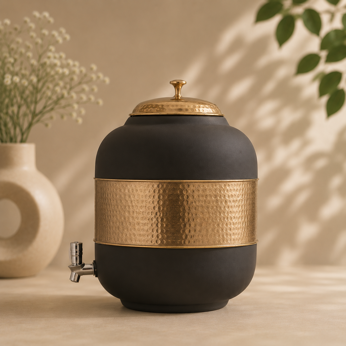 Pure Copper Half Hammered With Black Silk Finish Water Pot Matka Dispenser With Tap (5L) | Soul Love & Earth
