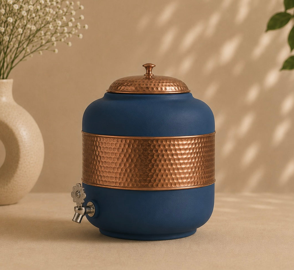 Pure Copper Half Hammered With Blue Silk Finish Water Pot Matka Dispenser With Tap (5L) | Soul Love & Earth