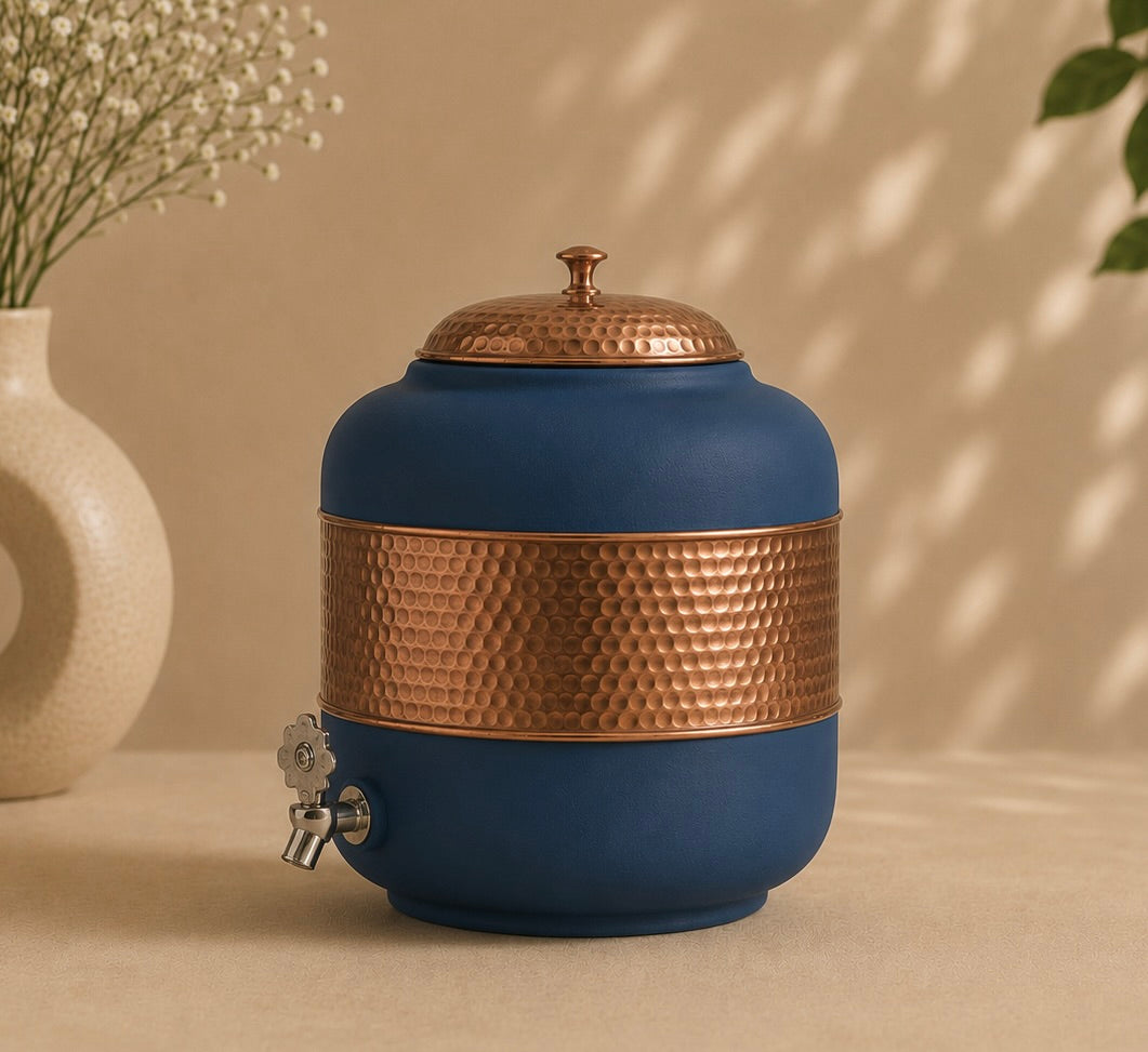 Pure Copper Half Hammered With Blue Silk Finish Water Pot Matka Dispenser With Tap (5L) | Soul Love & Earth
