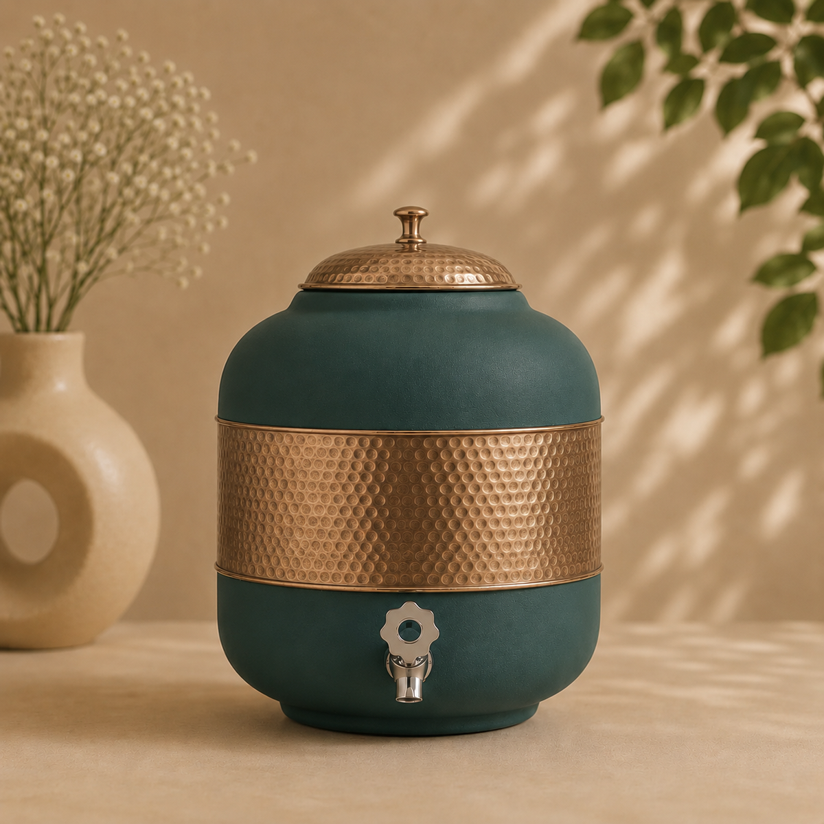 Pure Copper Half Hammered With Green Silk Finish Water Pot Matka Dispenser With Tap (5L) | Soul Love & Earth