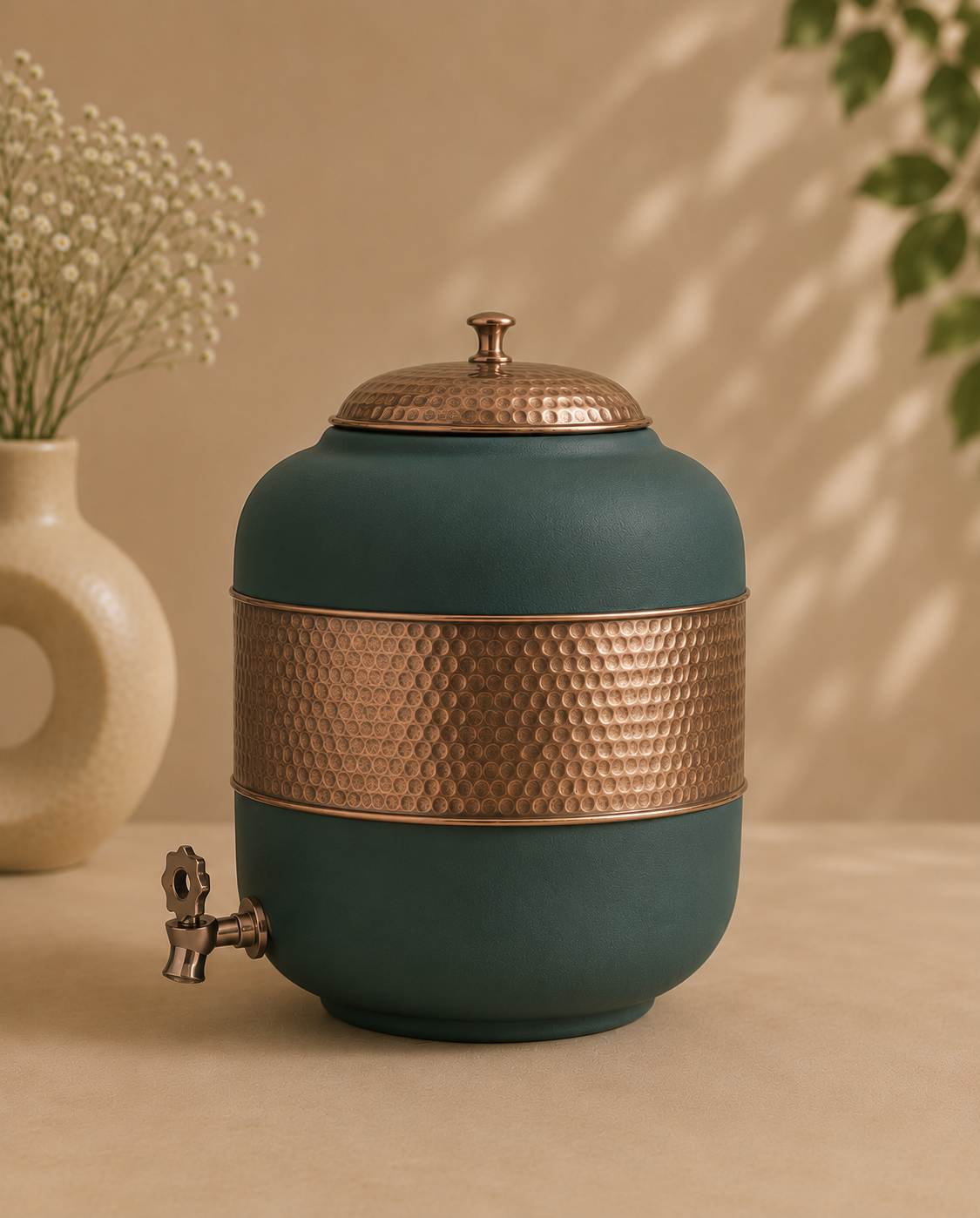 Pure Copper Half Hammered With Green Silk Finish Water Pot Matka Dispenser With Tap (5L) | Soul Love & Earth