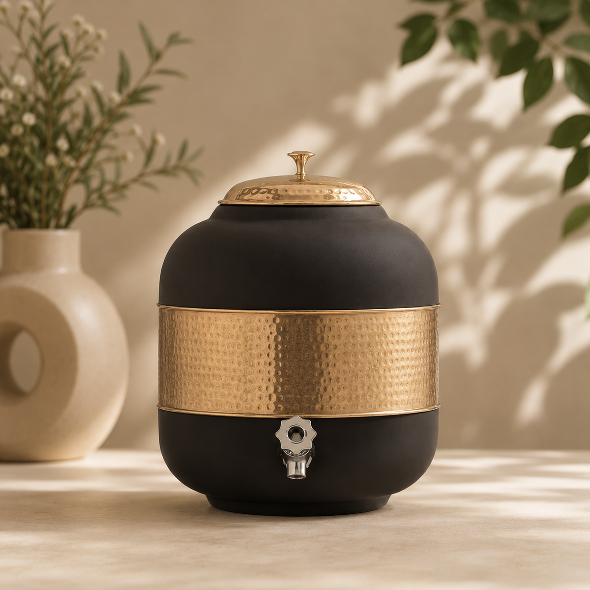 Pure Copper Half Hammered With Black Silk Finish Water Pot Matka Dispenser With Tap (5L) | Soul Love & Earth