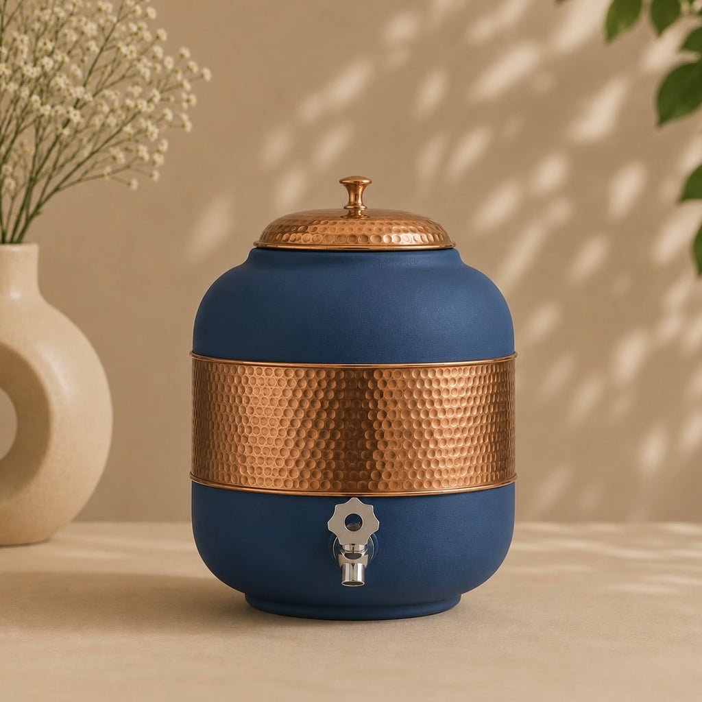 Pure Copper Half Hammered With Blue Silk Finish Water Pot Matka Dispenser With Tap (5L) | Soul Love & Earth