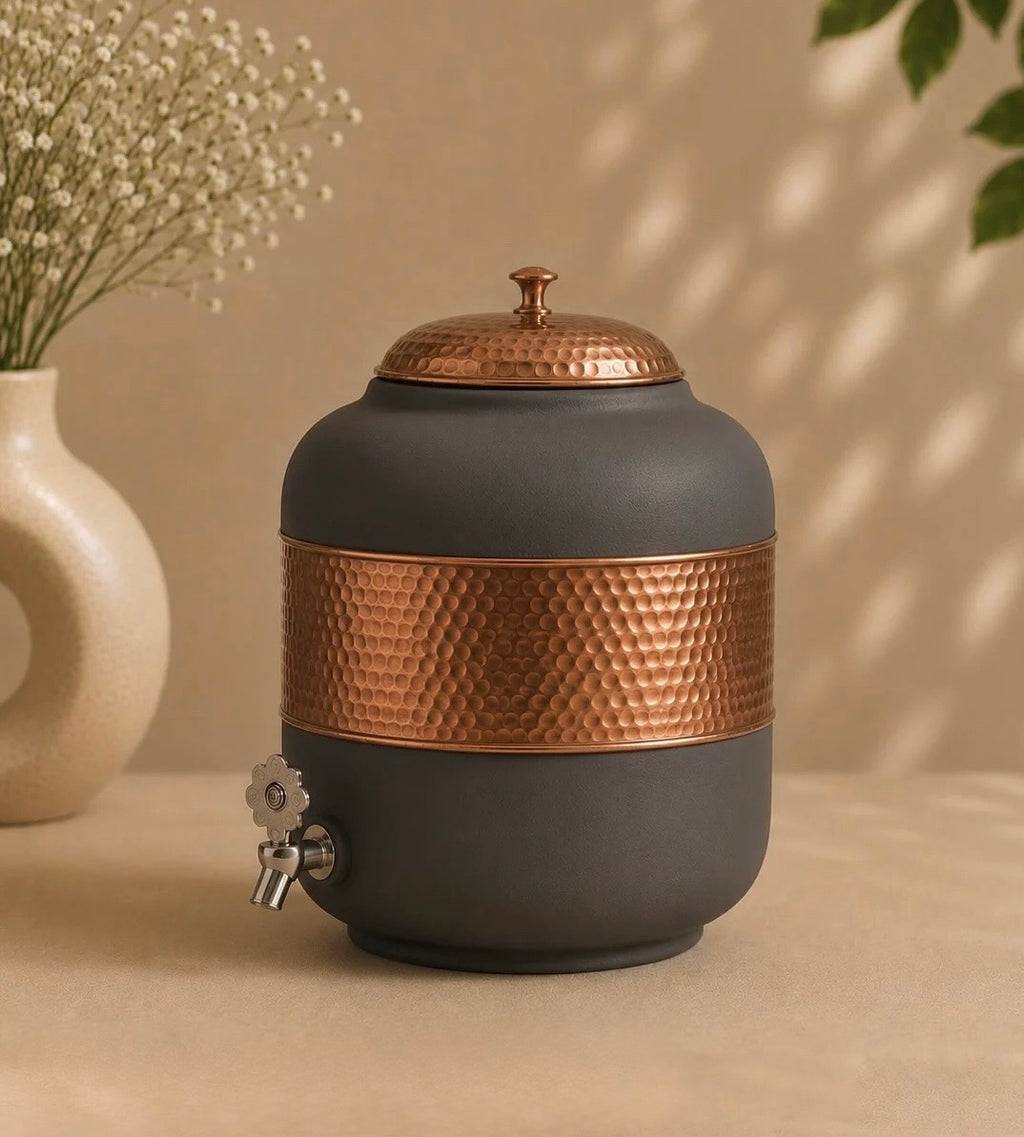 Pure Copper Half Hammered With Grey Silk Finish Water Pot Matka Dispenser With Tap (5L) | Soul Love & Earth