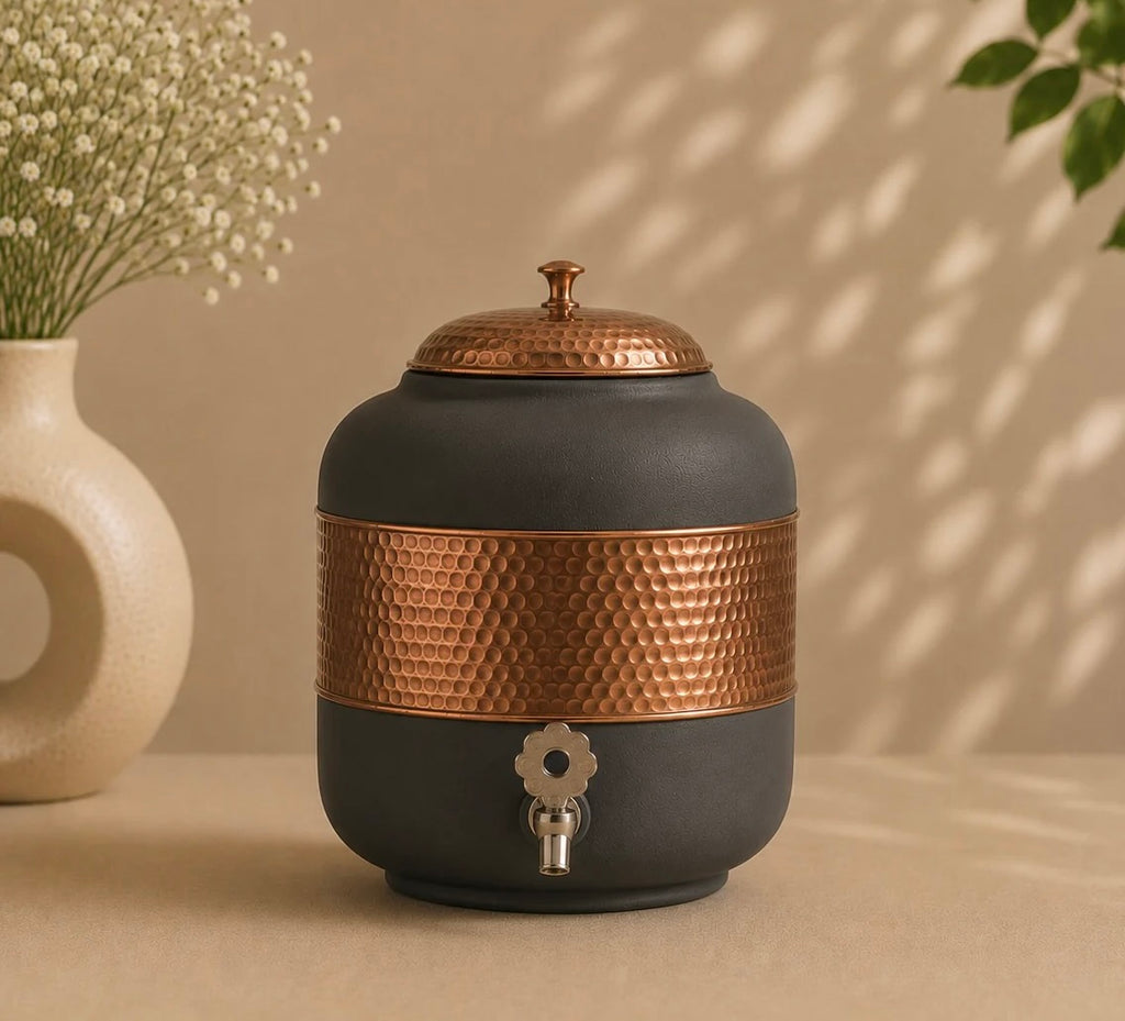Pure Copper Half Hammered With Grey Silk Finish Water Pot Matka Dispenser With Tap (5L) | Soul Love & Earth