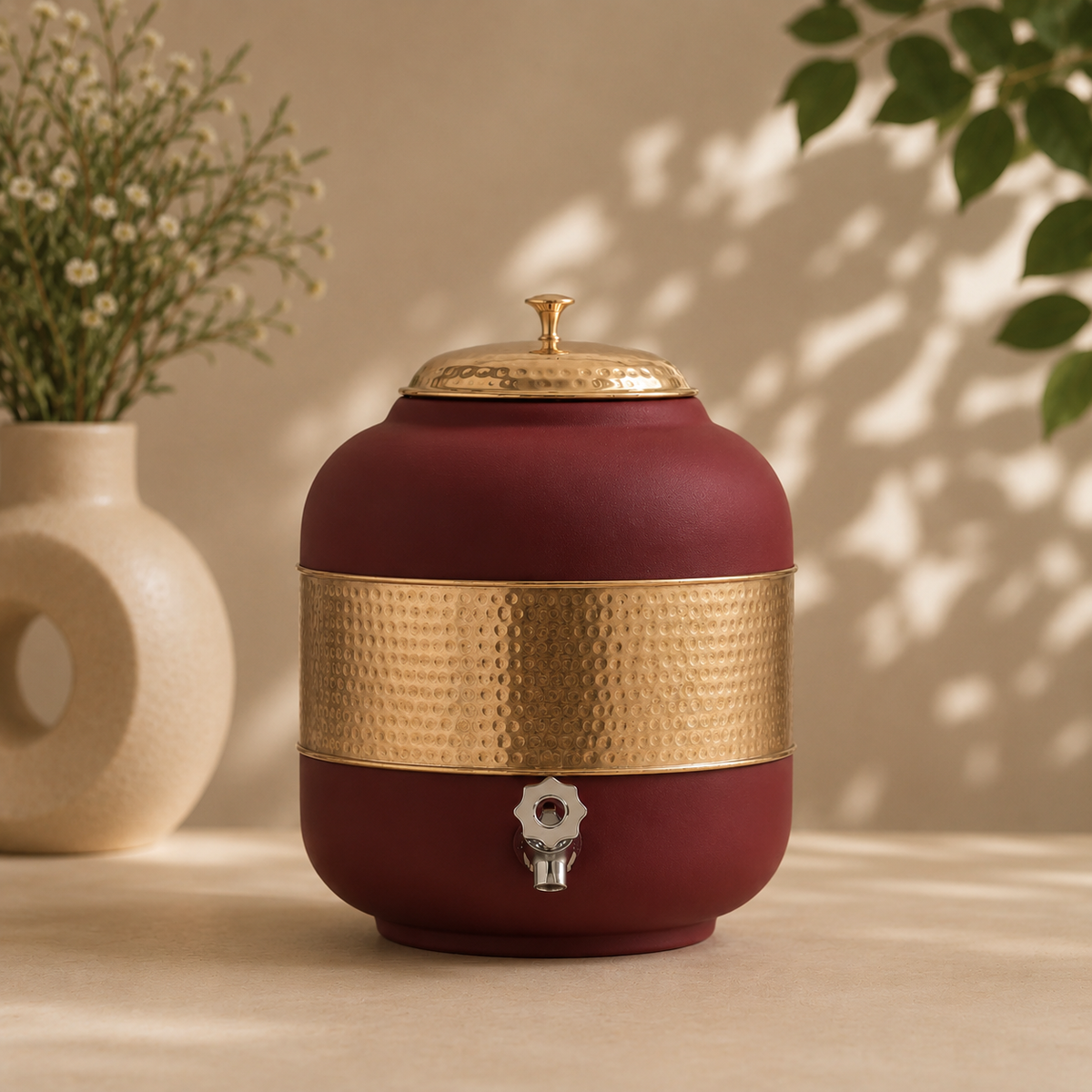 Pure Copper Half Hammered With Red Silk Finish Water Pot Matka Dispenser With Tap (5L) | Soul Love & Earth