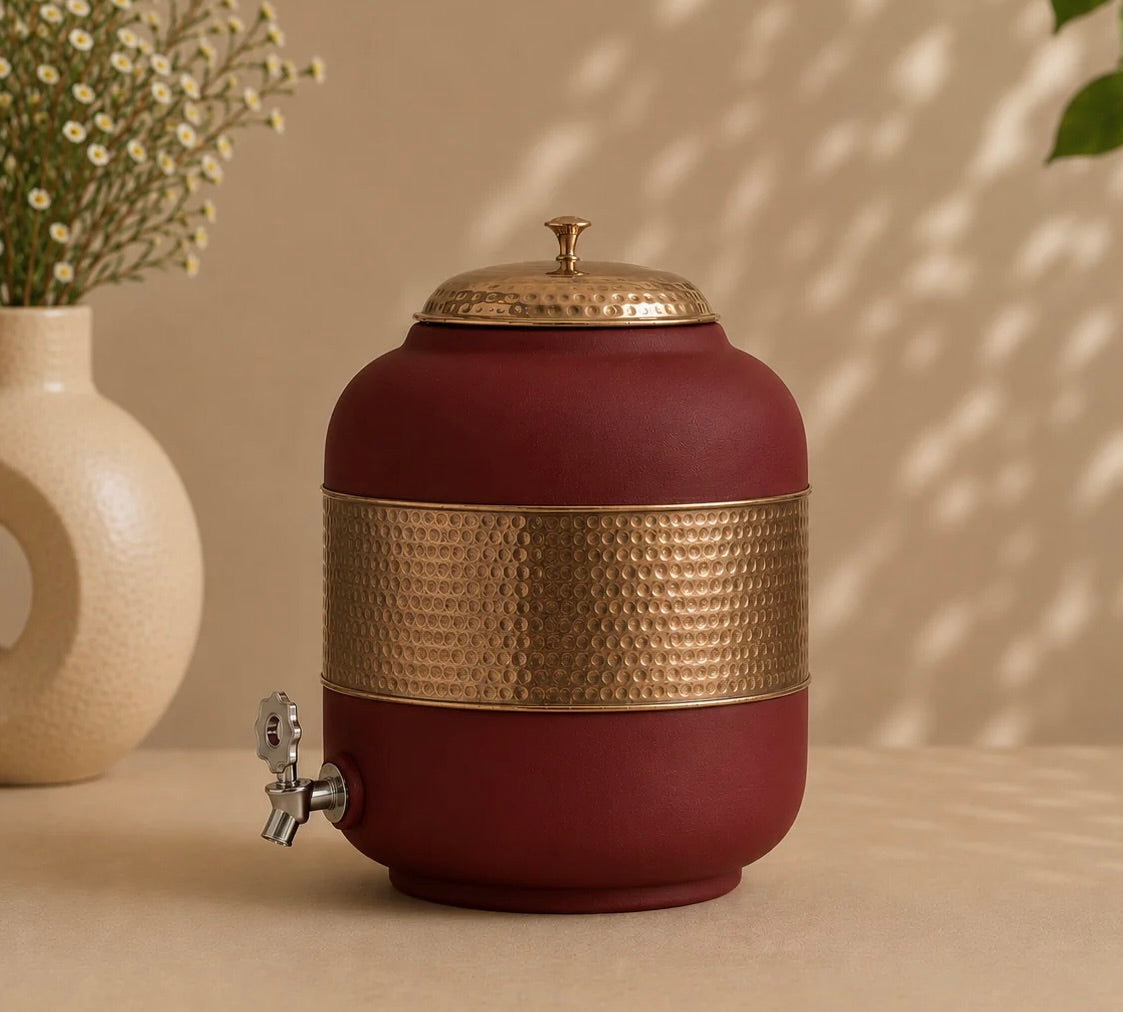 Pure Copper Half Hammered With Red Silk Finish Water Pot Matka Dispenser With Tap (5L) | Soul Love & Earth