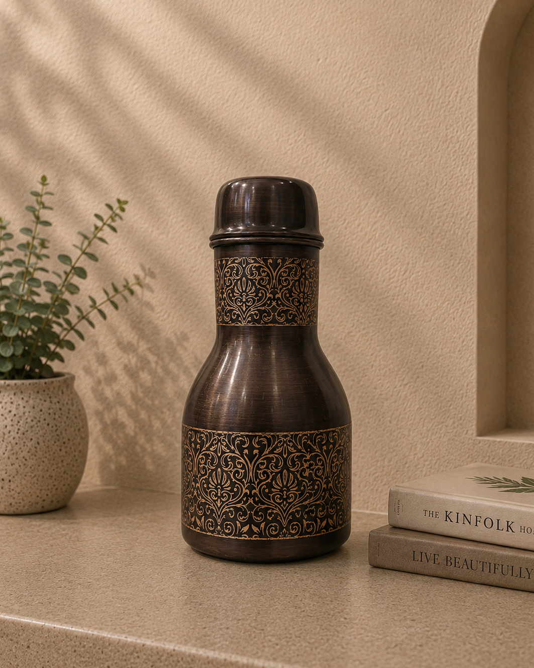 Premium Pure Copper Bedside Water Bottle With Intricate Engraving And Built - In Glass | Soul Love & Earth