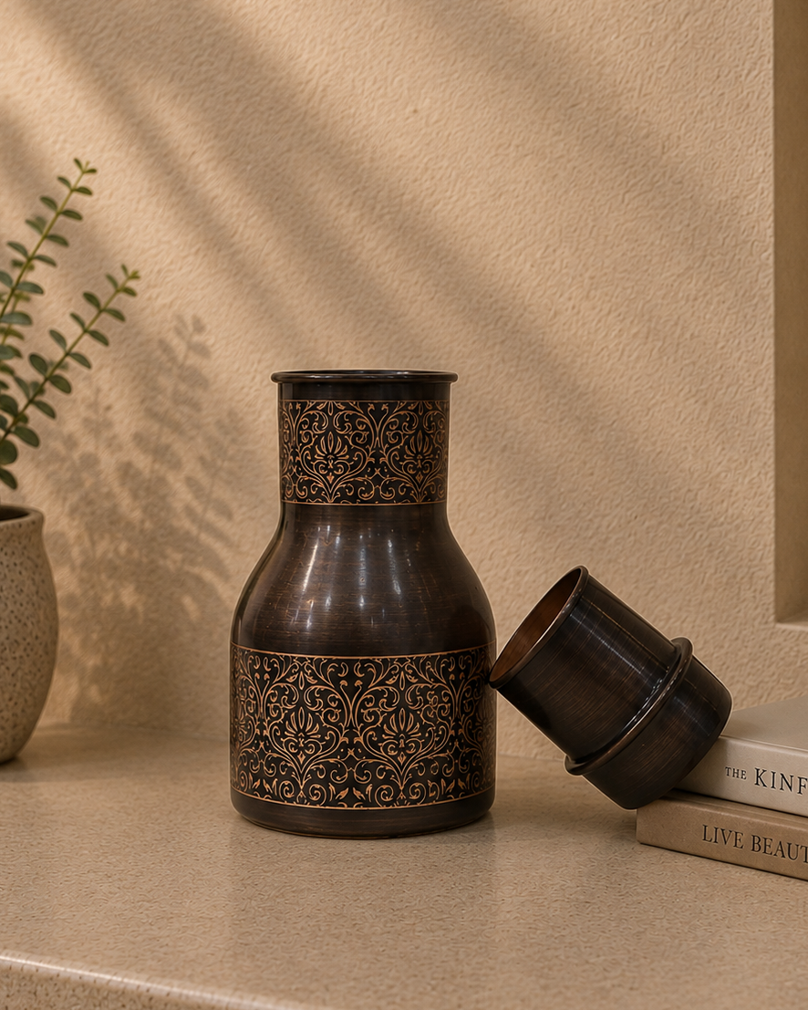 Premium Pure Copper Bedside Water Bottle With Intricate Engraving And Built - In Glass | Soul Love & Earth