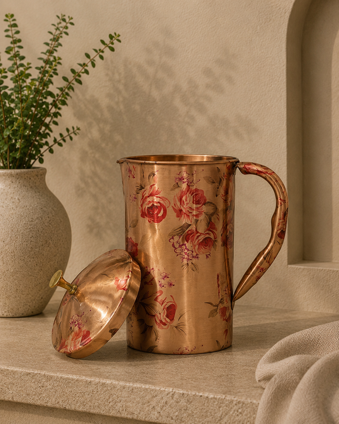 Pure Copper Flower Design Jug With Handle (2L) | Soul Love & Earth