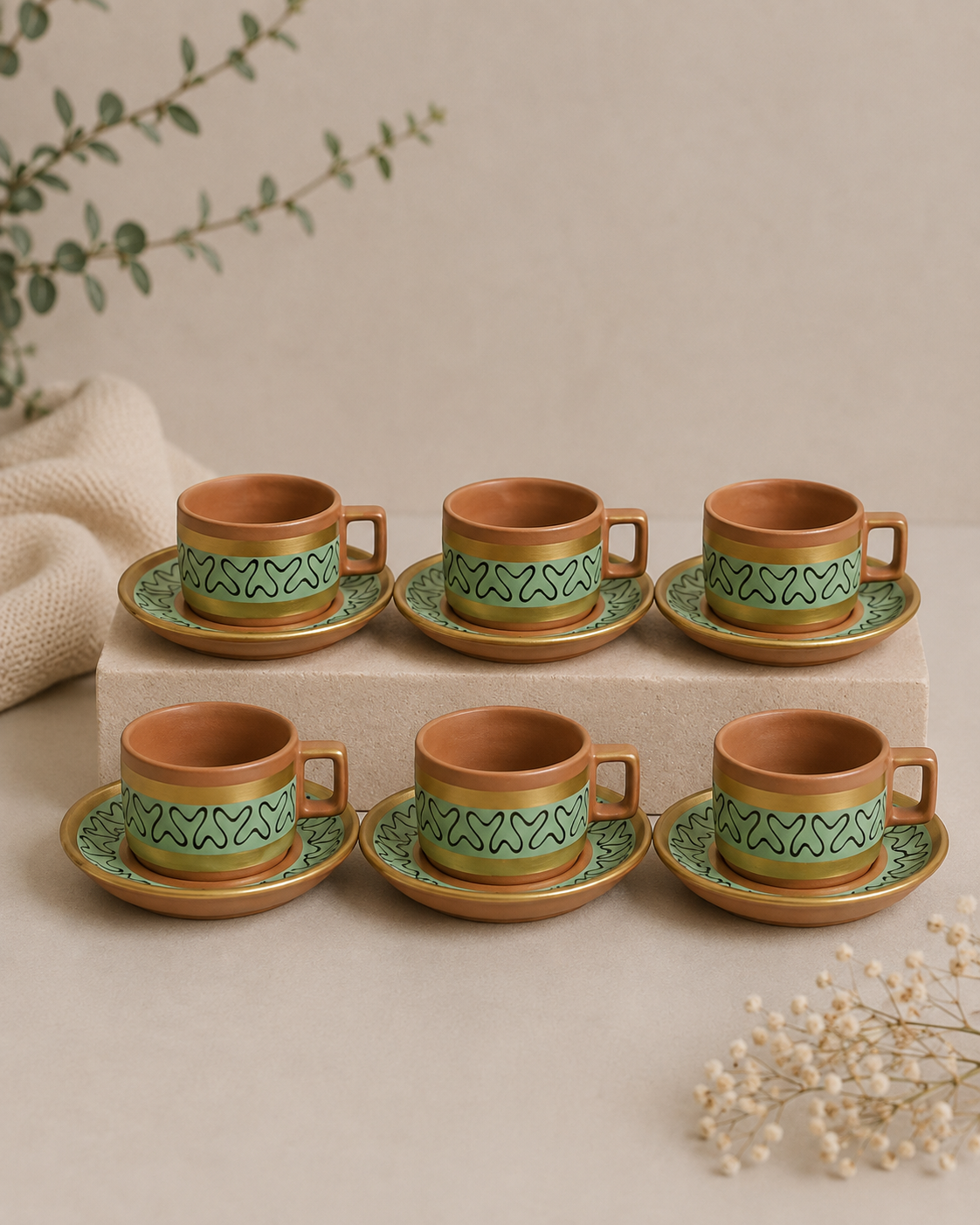 Clay Cup With Saucer Set Of 6 (Green) | Soul Love & Earth