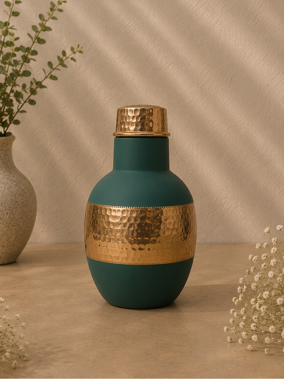 Premium Pure Copper Bedside Water Bottle With Middle Hammered Design | Soul Love