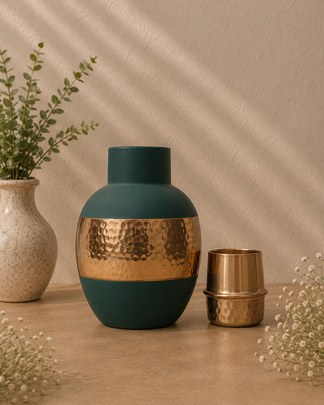 Premium Pure Copper Bedside Water Bottle With Middle Hammered Design | Soul Love