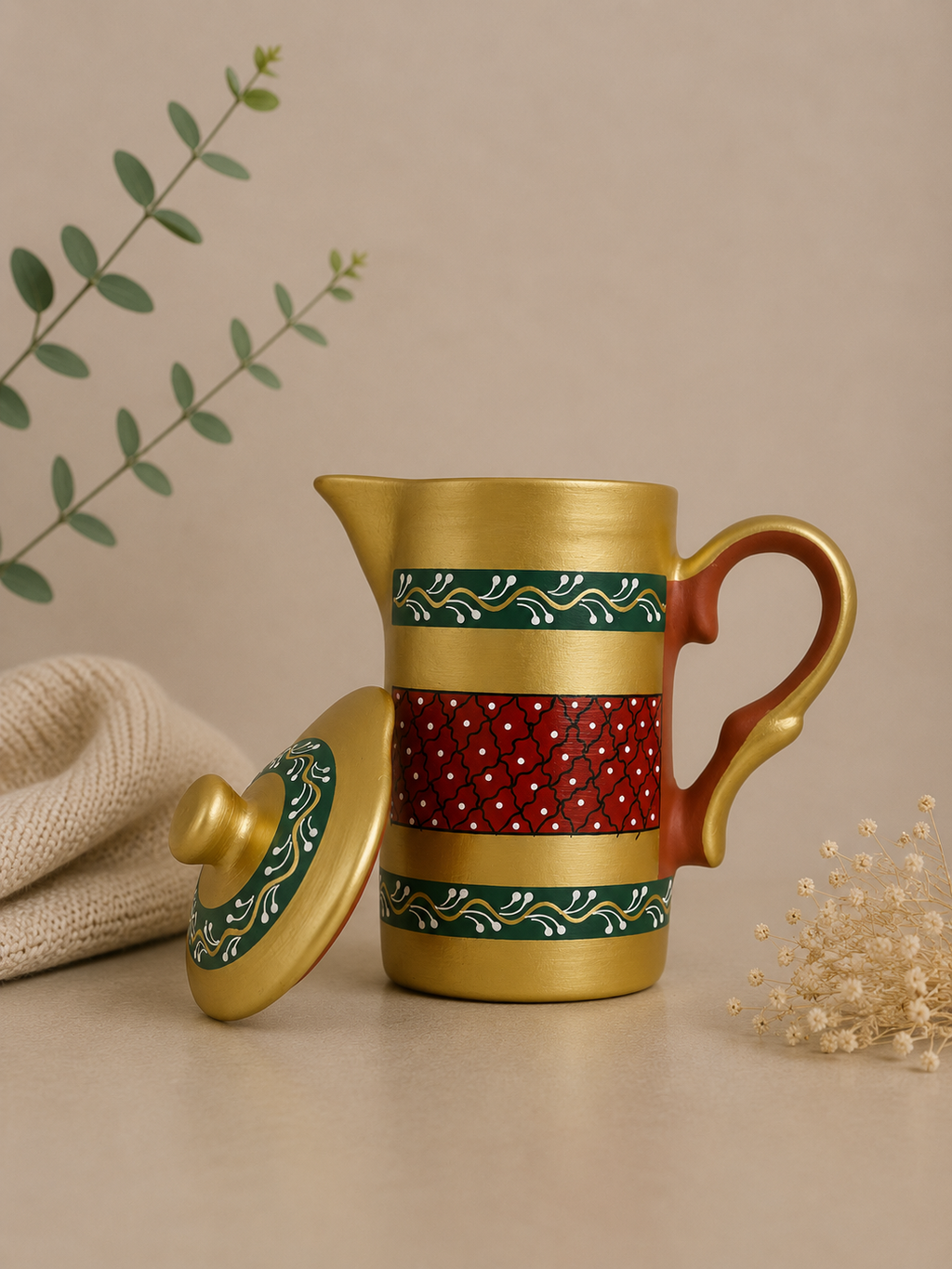 Handmade Printed Clay Jug With Lid | Soul Love & Earth