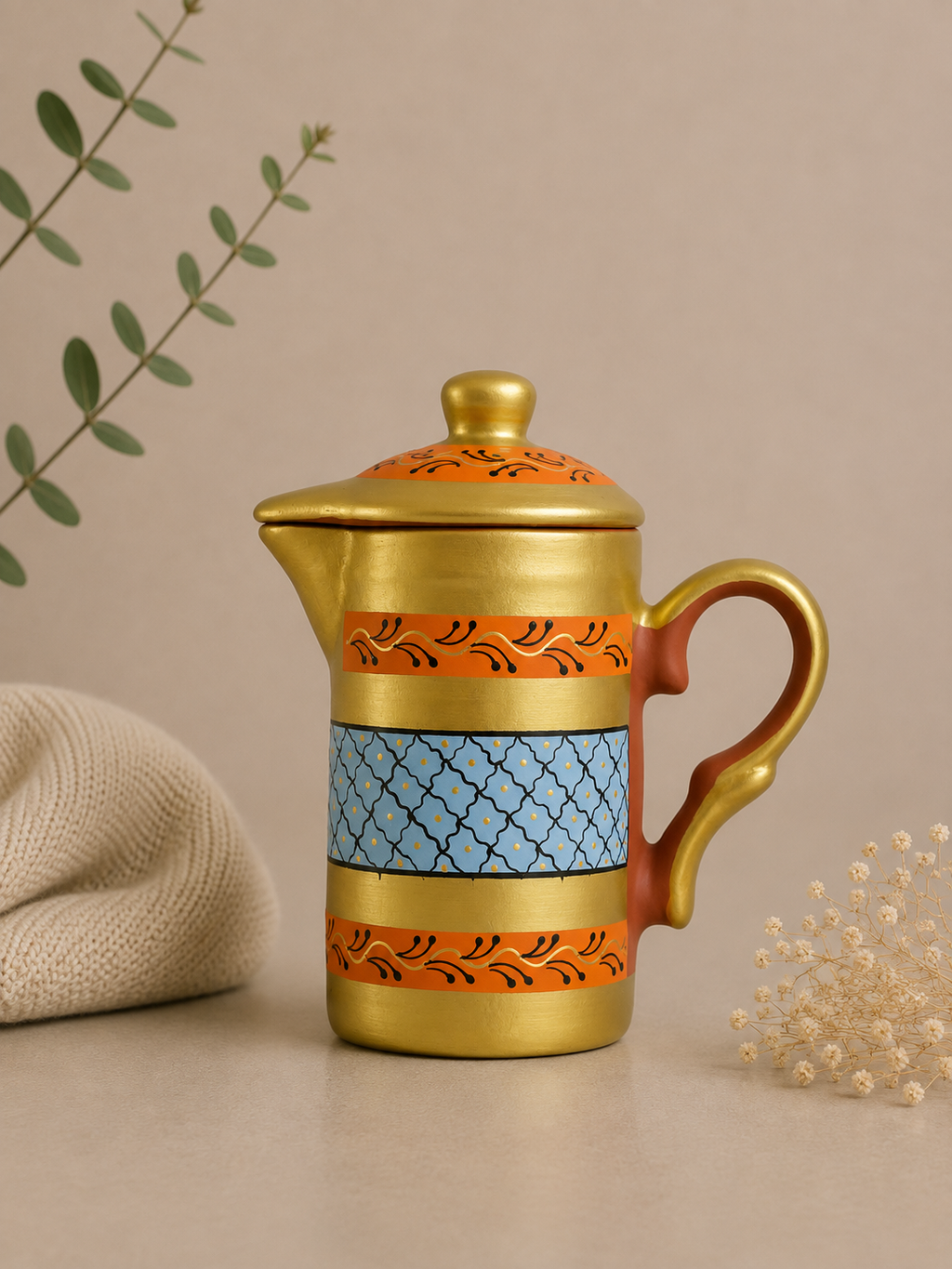 Handmade Printed Clay Jug With Lid | Soul Love & Earth