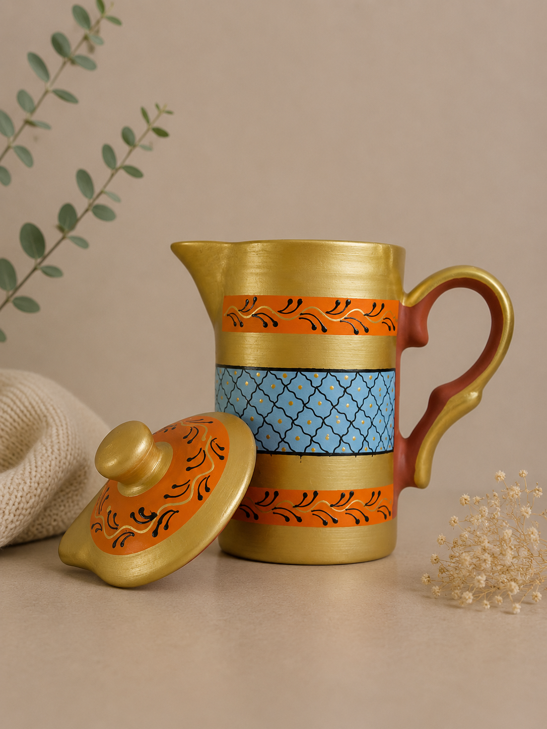 Handmade Printed Clay Jug With Lid | Soul Love & Earth
