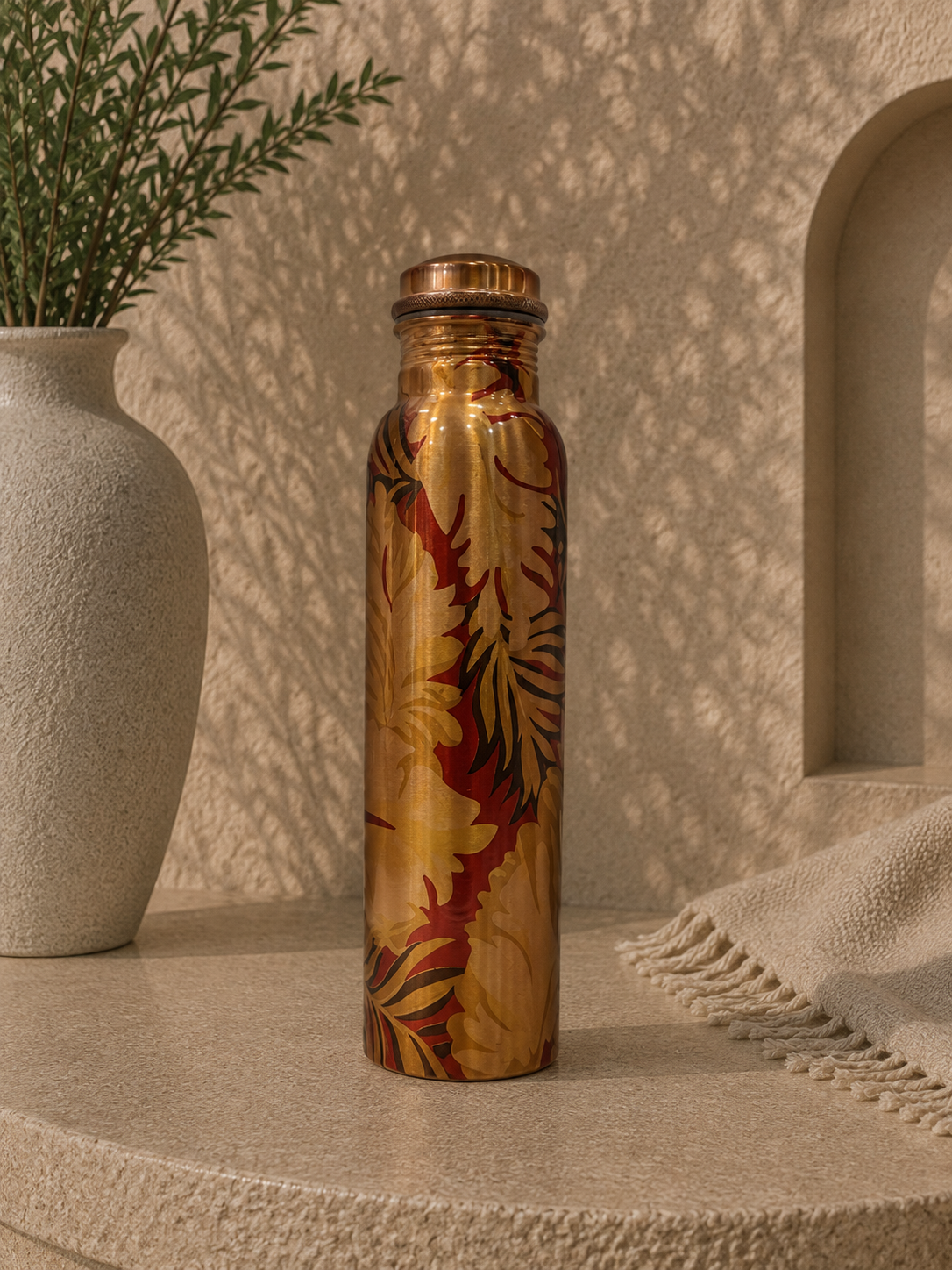 Pure Copper Meena Work Bottle With Leaf Edition (1L) | Soul Love & Earth