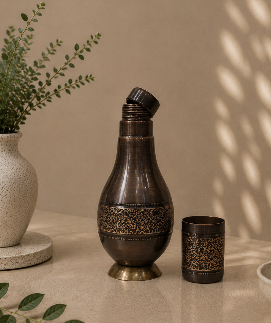 Premium & Pure Copper Bed Side Water Bottle With Middle Craving And Inbuilt Glass