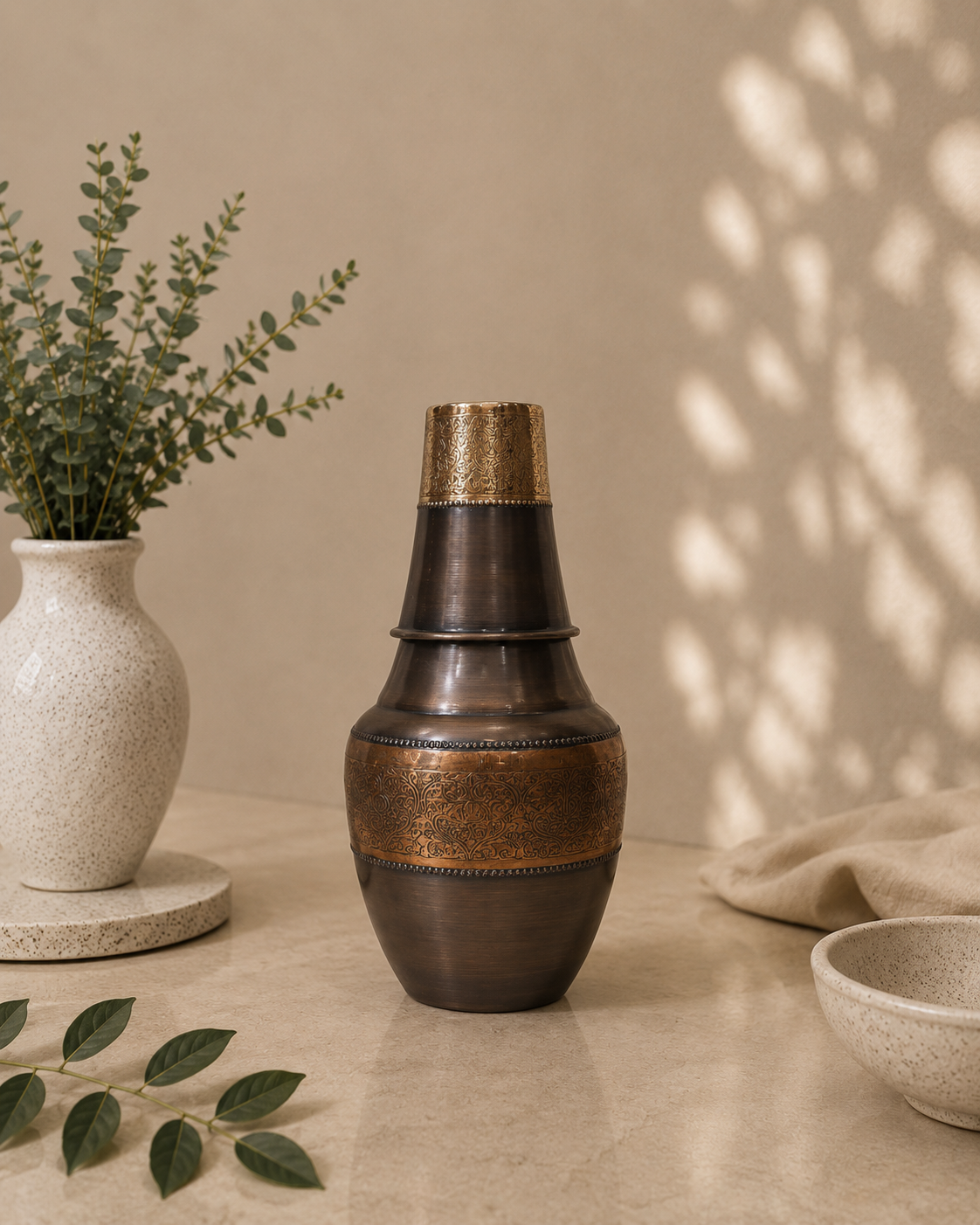 Premium Pure Copper Bed Side Water Bottle With Middle Craving And Inbuilt Glass