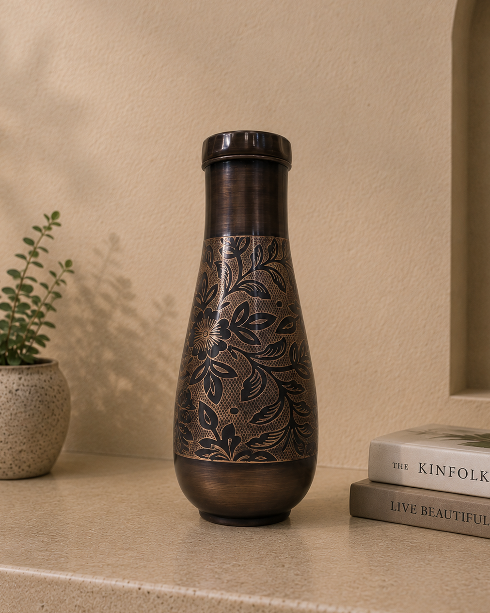 Pure Copper Bedside Water Bottle With Middle Carving And Inbuilt Glass | Soul Love & Earth