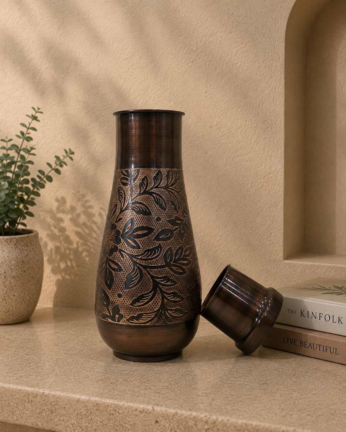 Pure Copper Bedside Water Bottle With Middle Carving And Inbuilt Glass | Soul Love & Earth