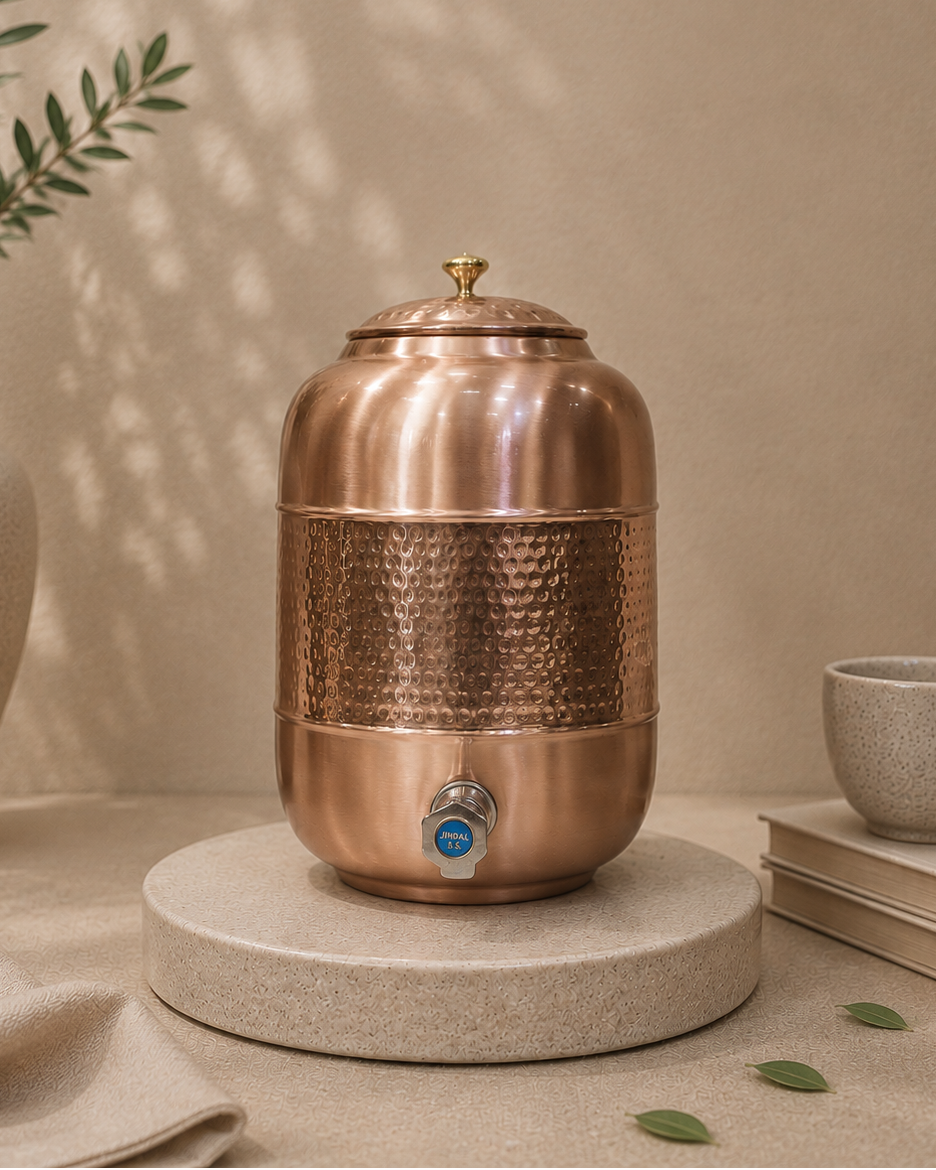 Middle Hammerd Pure Copper in Oval Shape With Lid and Tap Water Dispenser (5L) | Soul Love & Earth