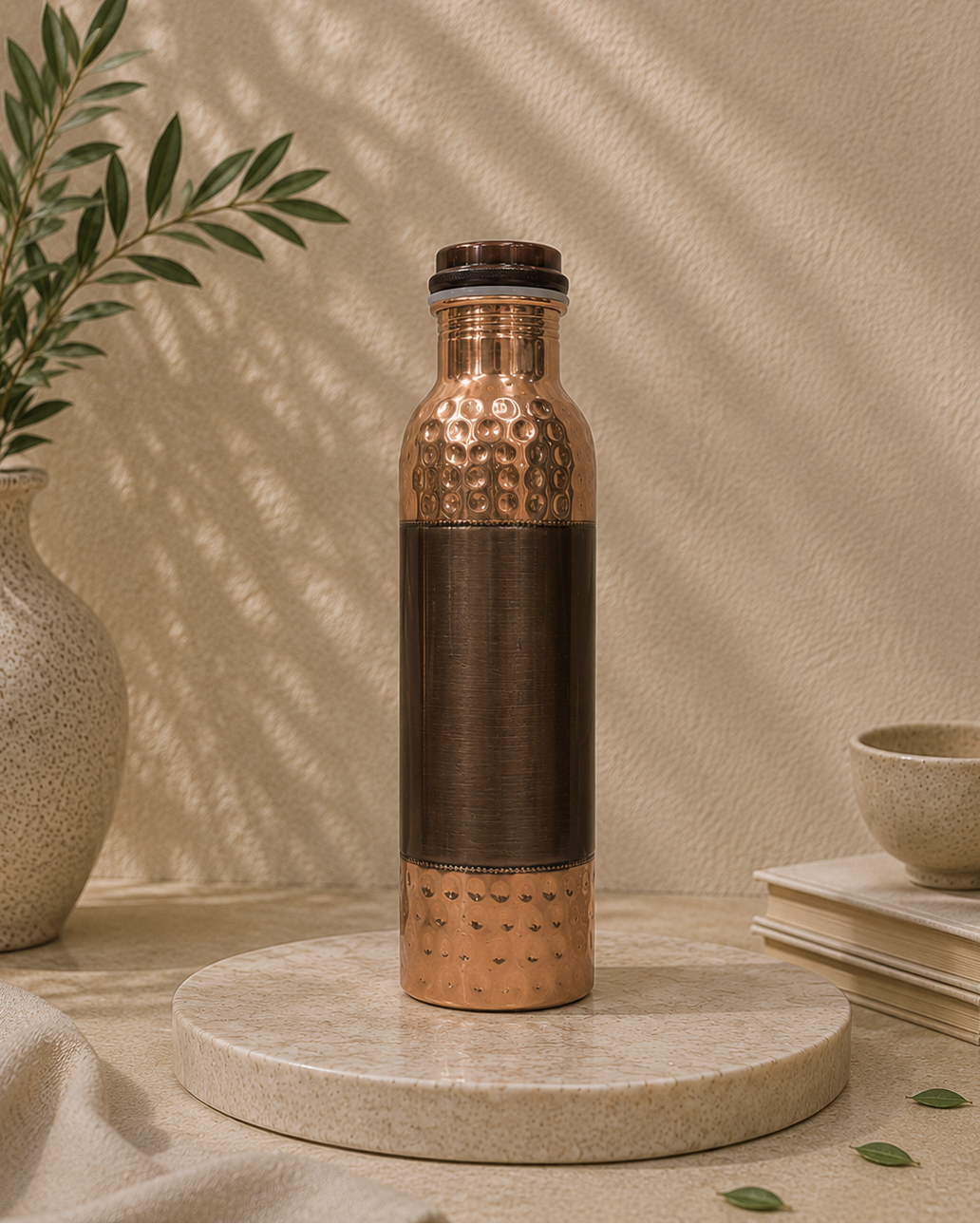 Pure Copper Hammered Water Bottle With Middle Silk Finish (1L) | Soul Love & Earth
