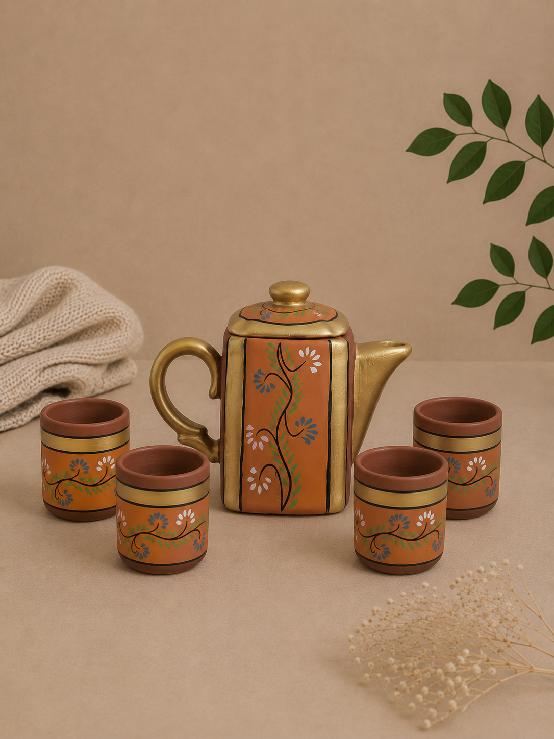 Morning Tea Set (Set of 4 cups & 1 Kettle, Color - Orange) | Soul Love & Earth
