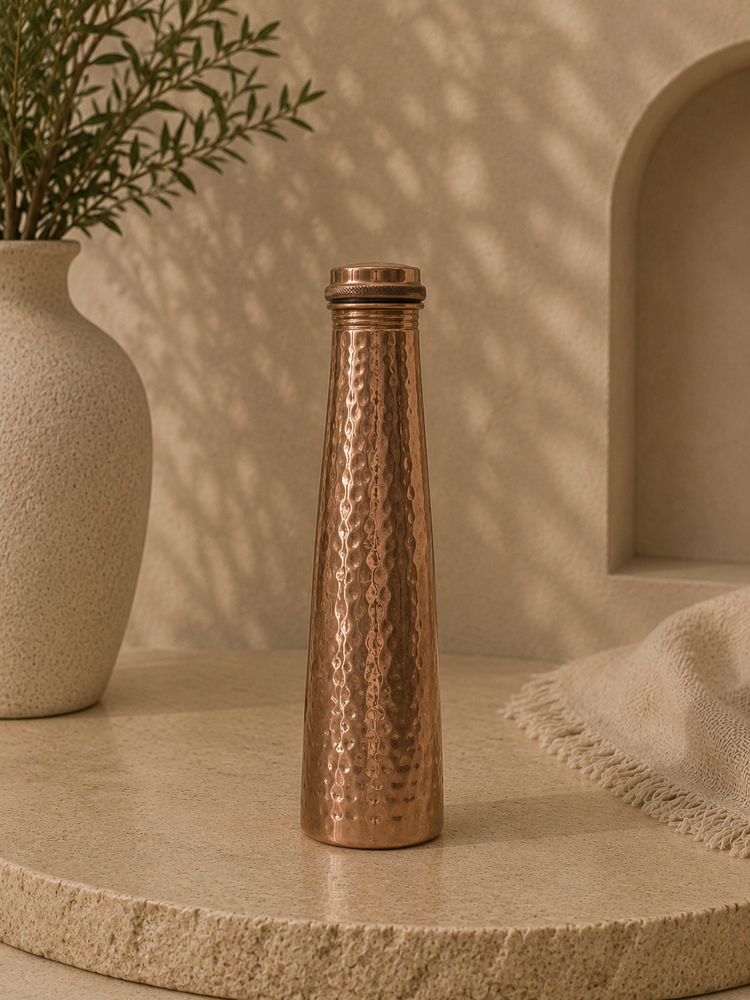 Pure Copper Narrow Vessel Hammerd Finish Bottle (1L) | Soul Love & Earth