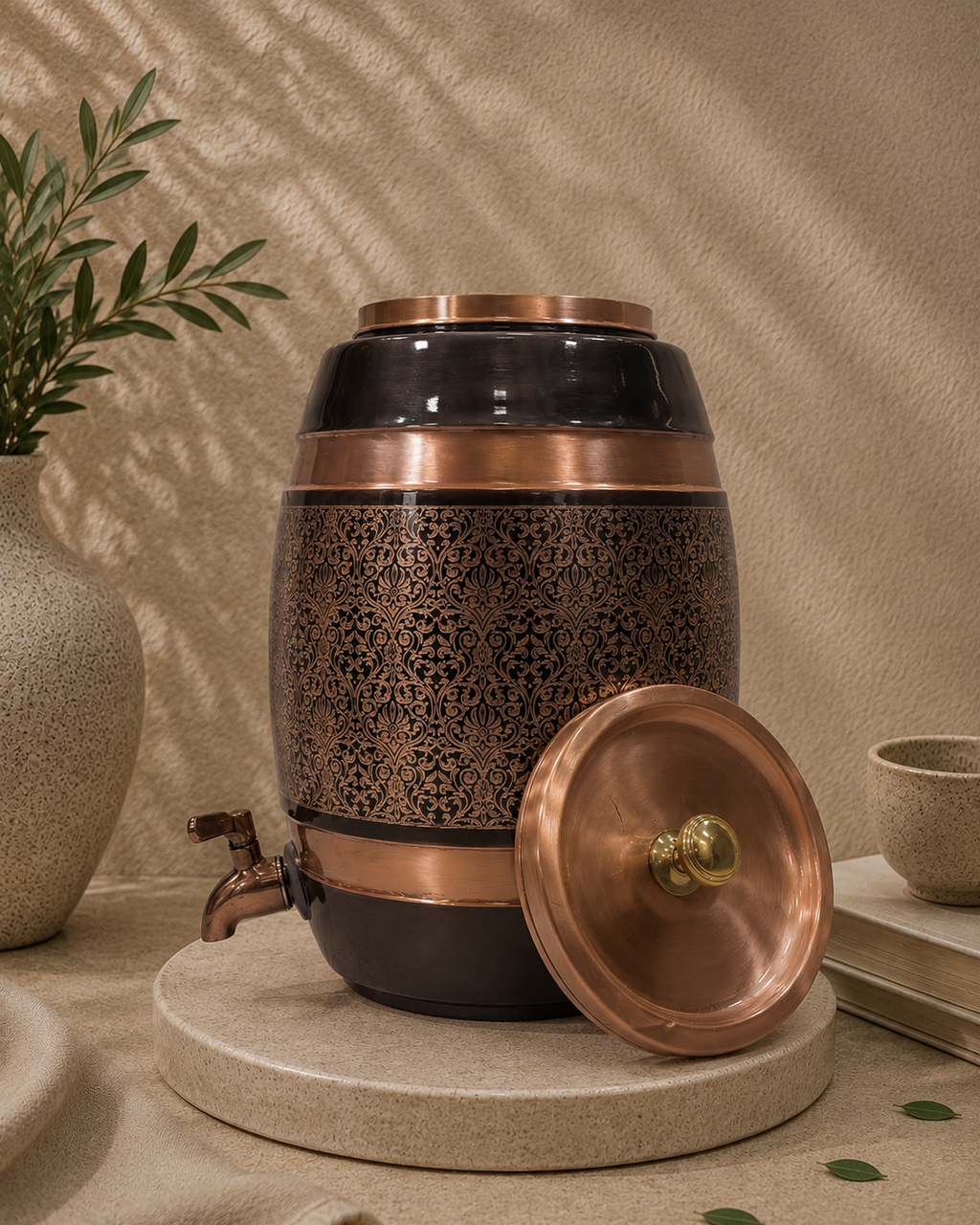 Premium Pure Copper Water Dispenser Matka Tank Pot Ovel Shape With Tap (5L) | Soul Love & Earth