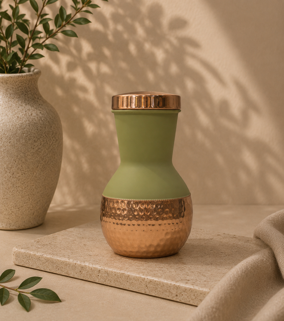 Antique pure copper bed side bottle lower hammer design with inbuilt glass (Colour-Parrot Green , Material-Silk) | Soul Love & Earth