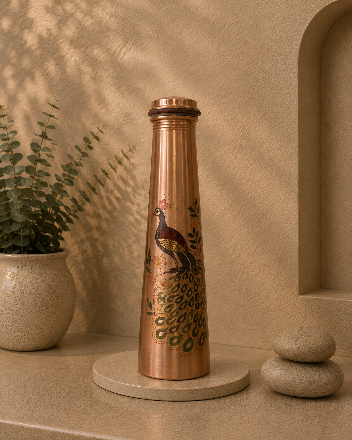 Pure Copper Water Bottle Handcrafted Peacock Edition 1L | Soul Love & Earth