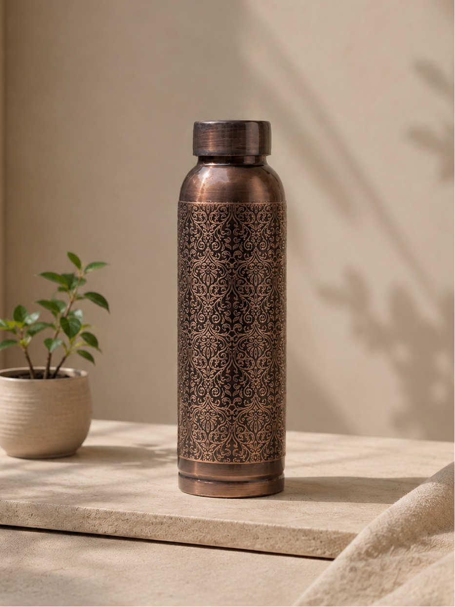 Pure Copper Water Bottle In Antique Color And Cultural Carving Design | Soul Love & Earth
