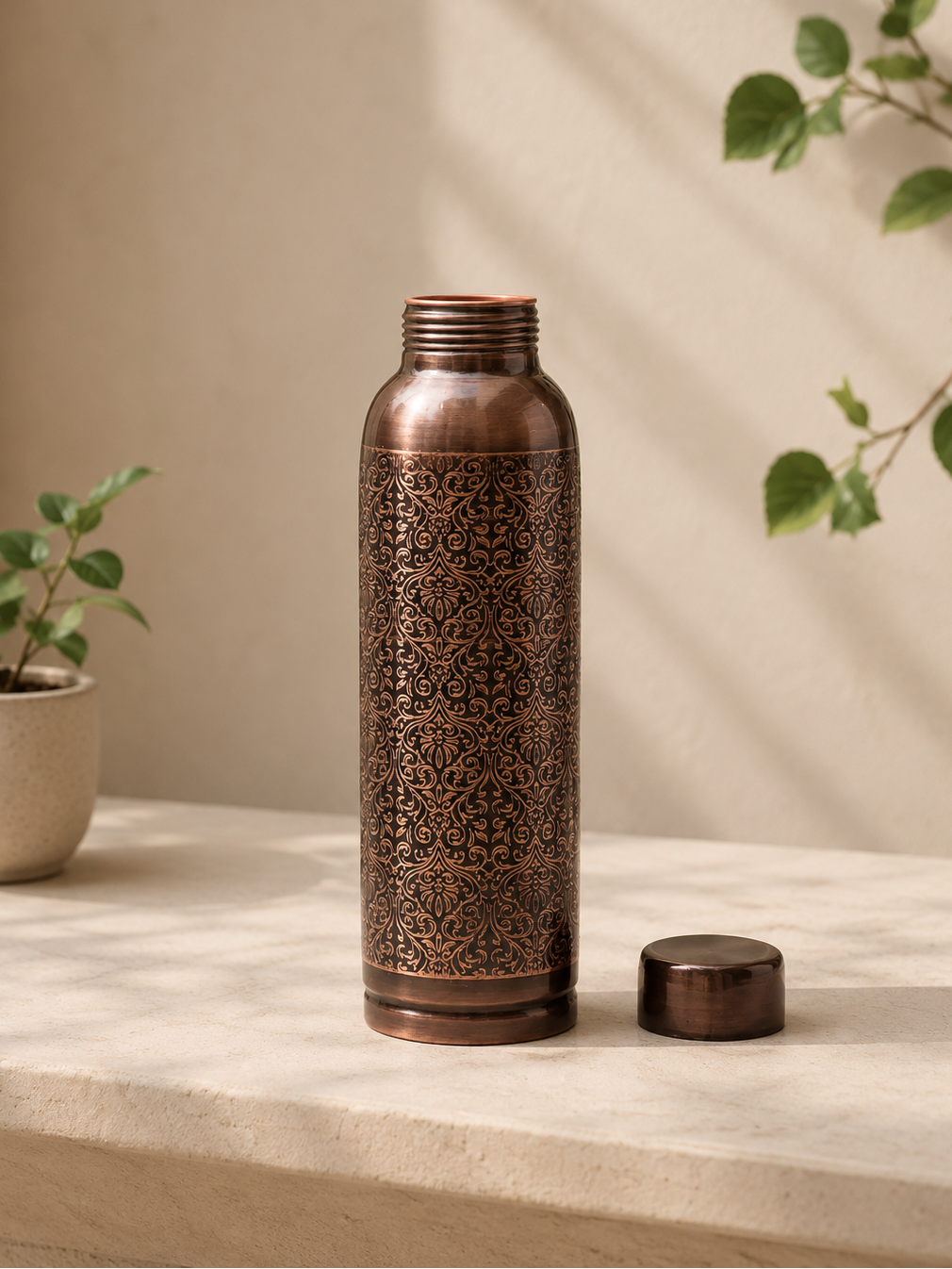 Pure Copper Water Bottle In Antique Color And Cultural Carving Design | Soul Love & Earth