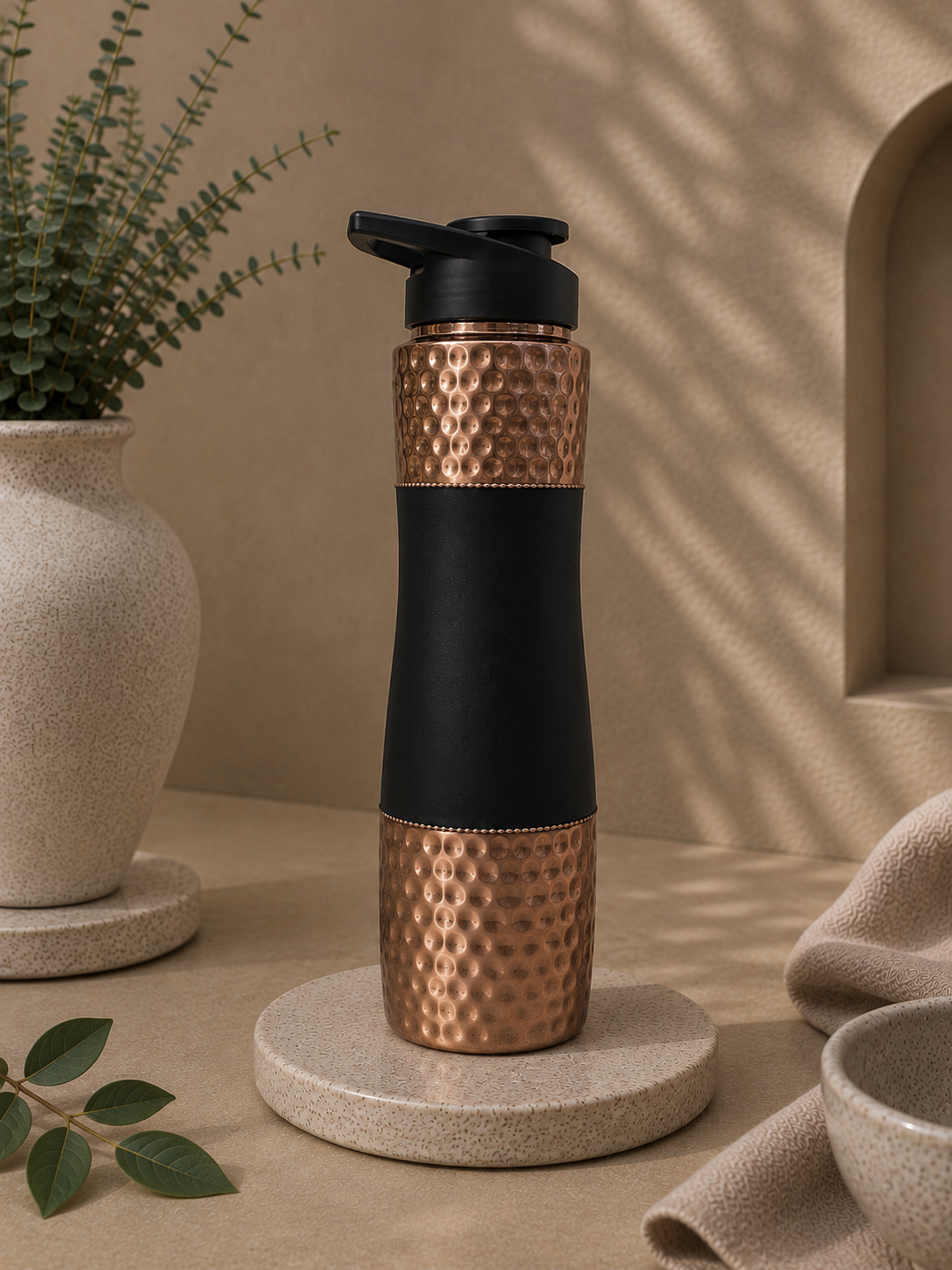 Pure Copper Water Sipper With Black Matte Finish, Top And Bottom Hammered Finish (1L) | Soul Love & Earth
