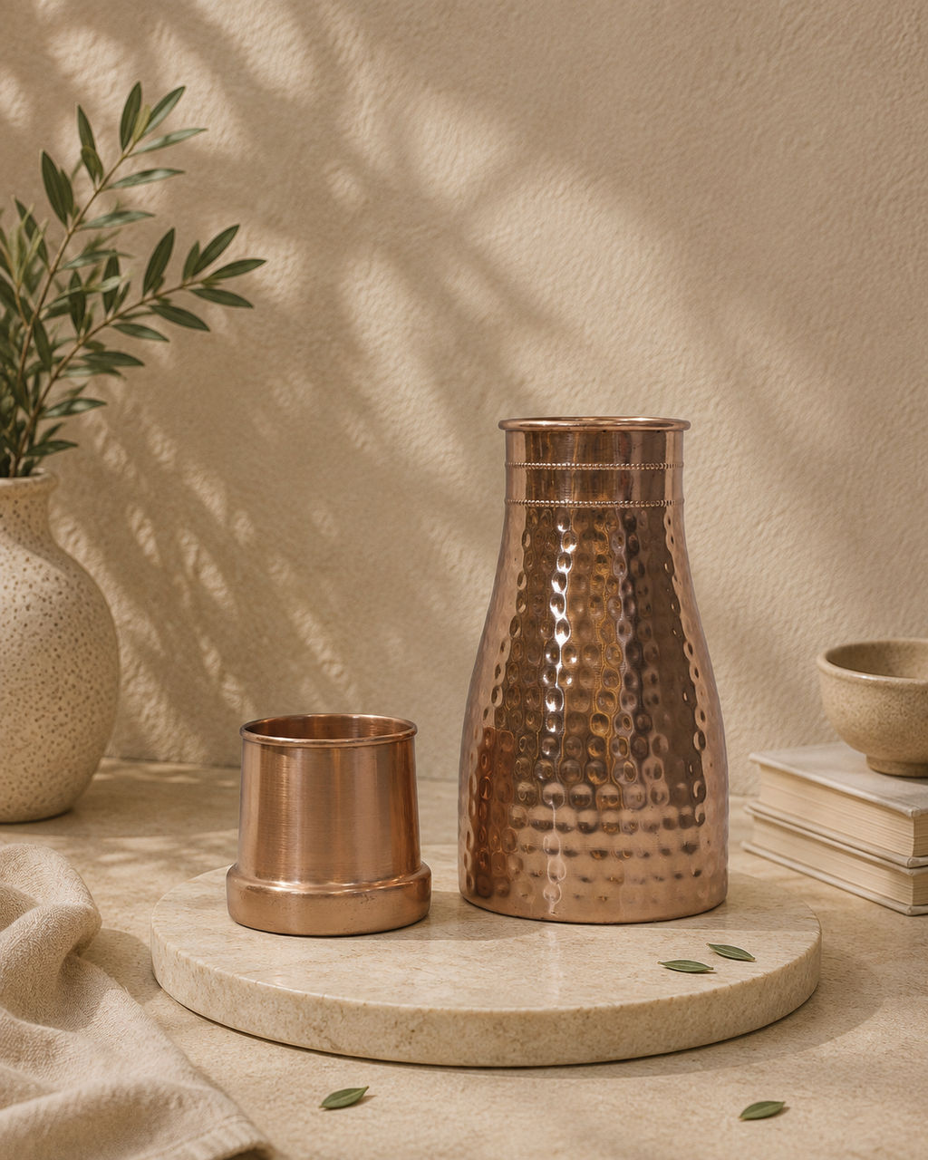Pure Copper Bed Side Bottle In Middle Hammer Design With Glass | Soul Love & Earth
